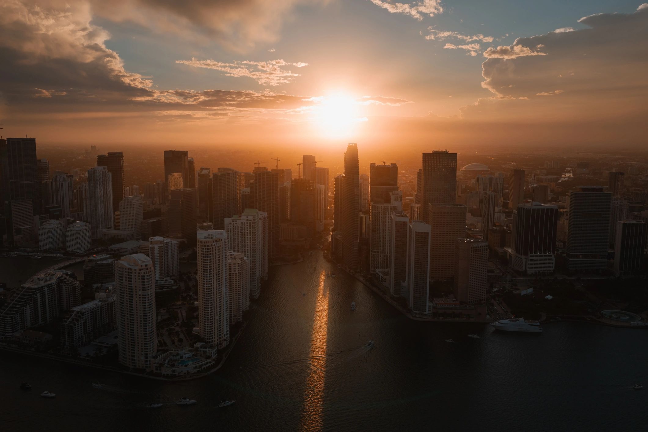 Aerial view of a commercial urban district at golden hour